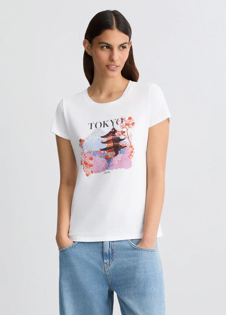 Cotton T-shirt with print and rhinestones