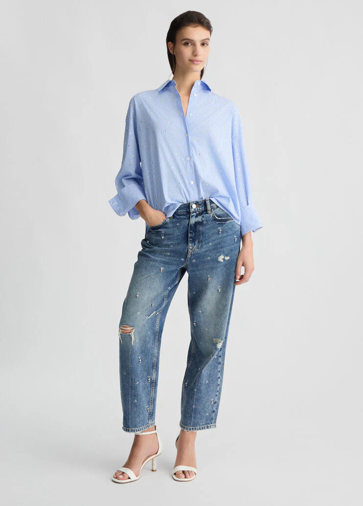 Light blue poplin shirt with rhinestones