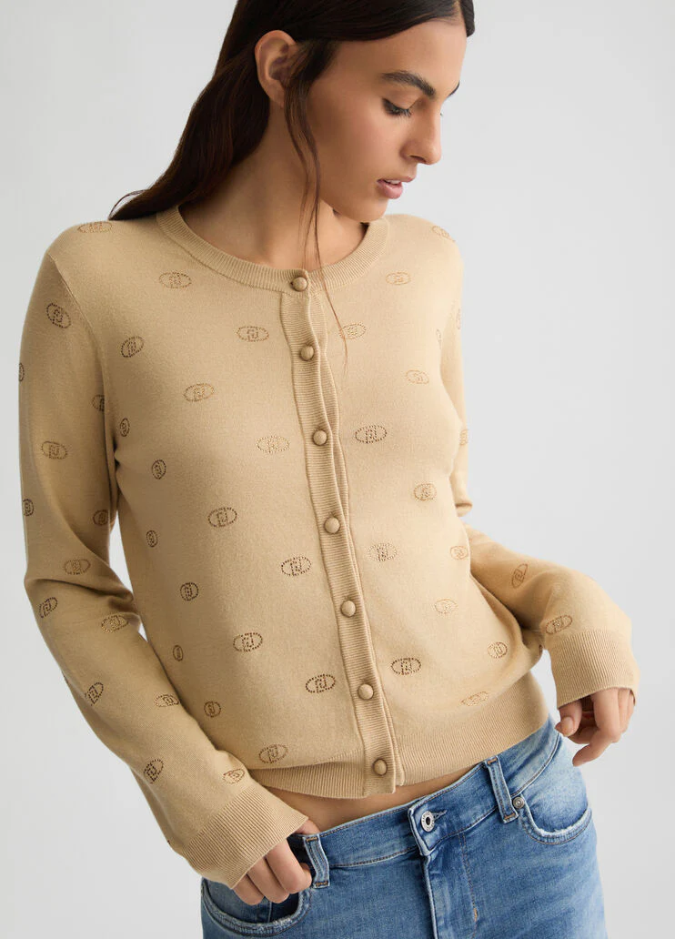 Cardigan with logo and rhinestones