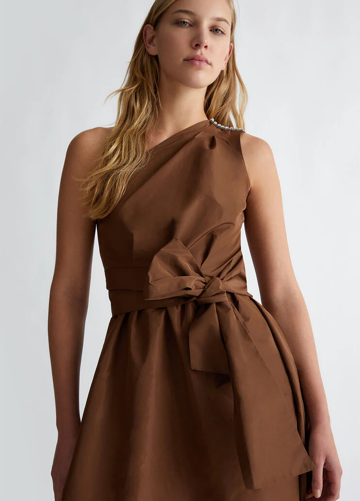Brown one-shoulder taffeta dress