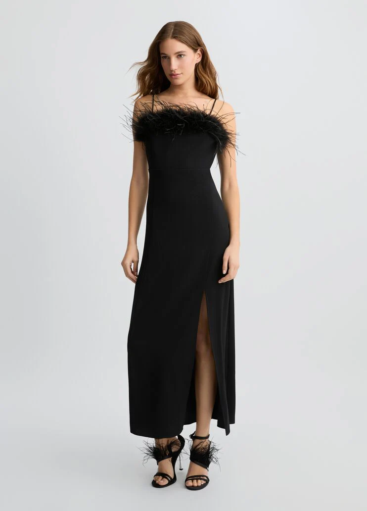 Elegant black dress with feathers