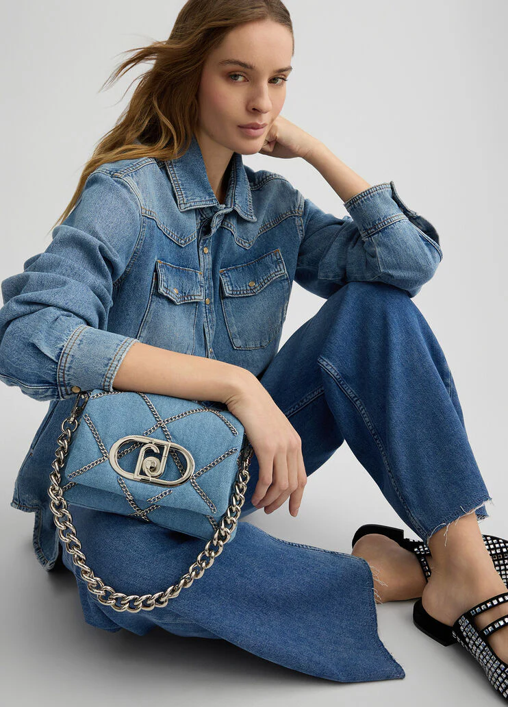 Small denim LaPuffy bag with chains