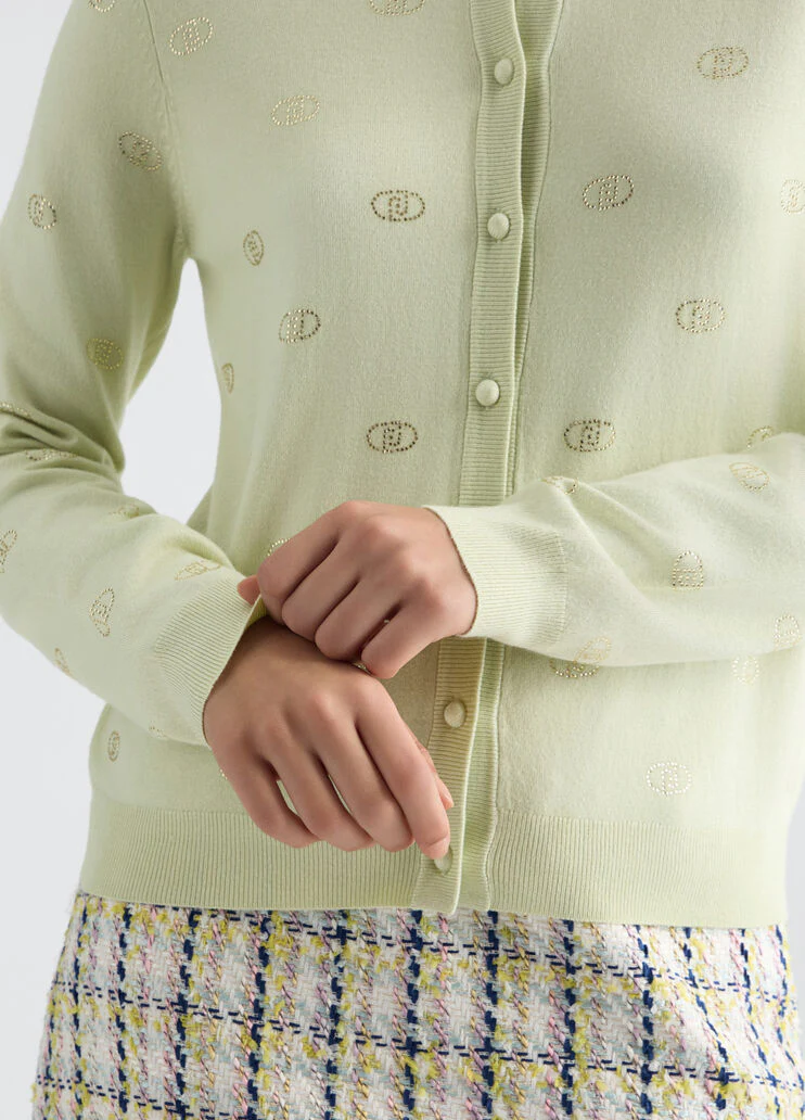 Cardigan with logo and rhinestones