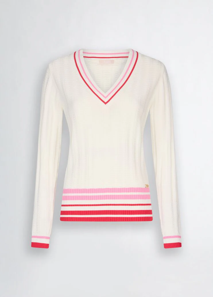 White jumper with colourful stripes