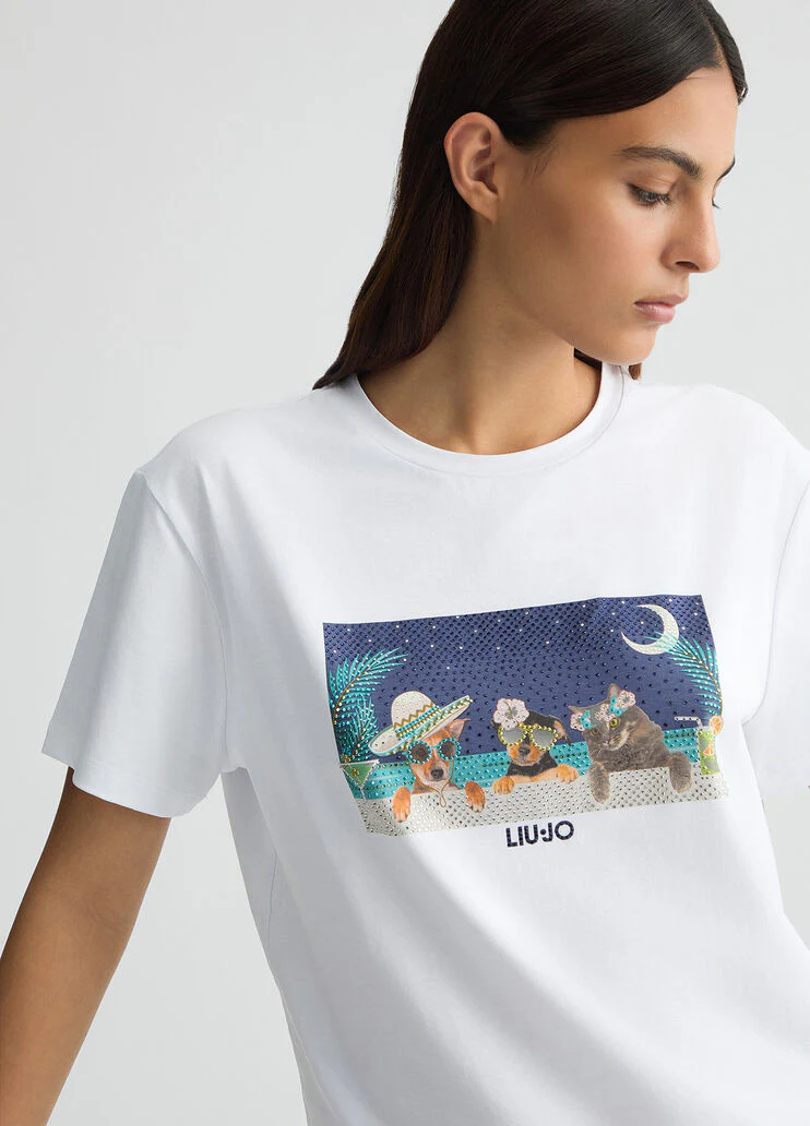 Printed T-shirt with rhinestones