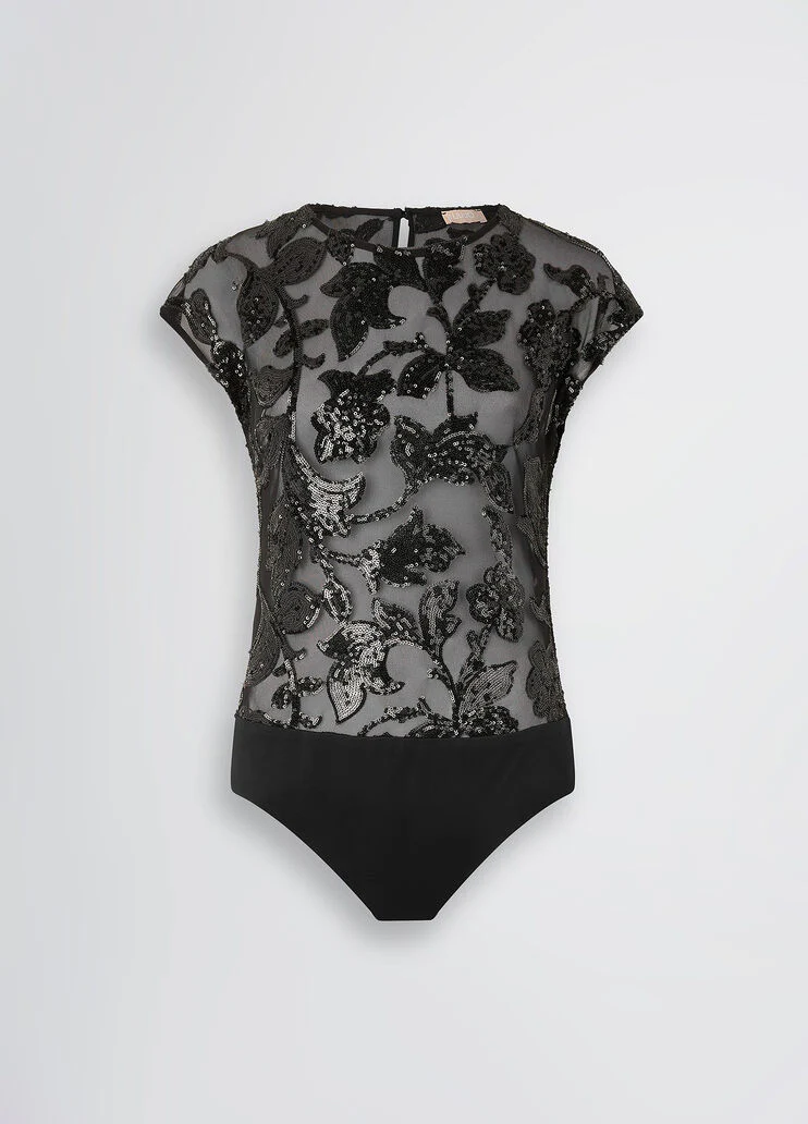 Embellished tulle bodysuit top