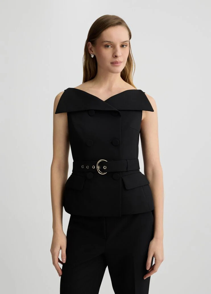 Double-breasted waistcoat with belt