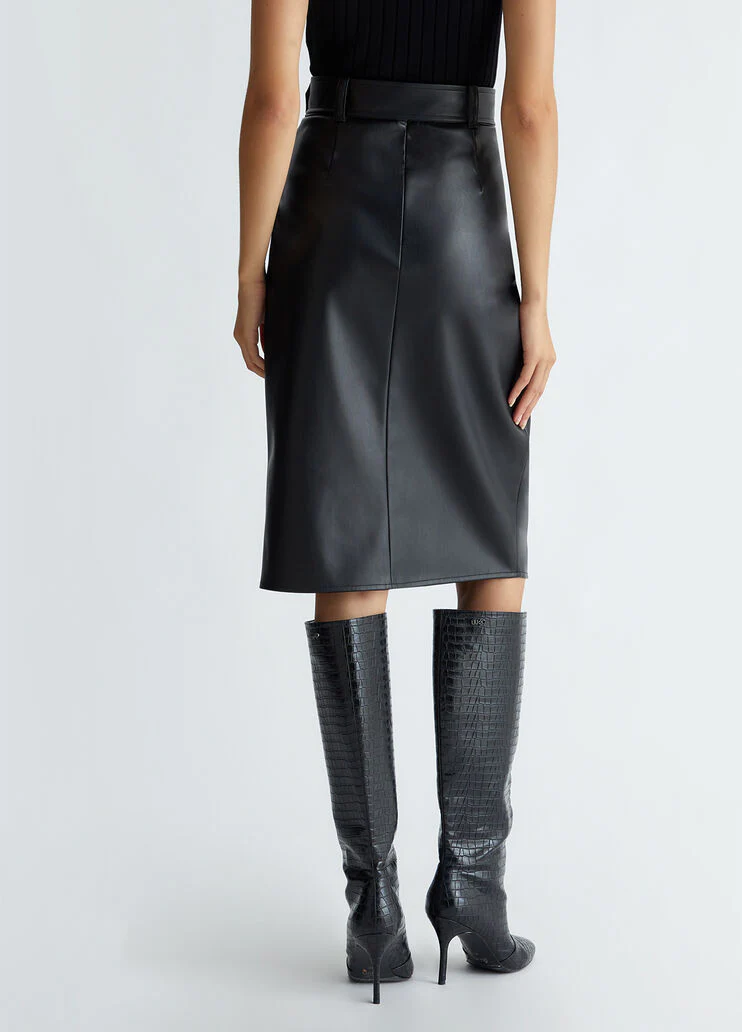 Black coated fabric midi skirt