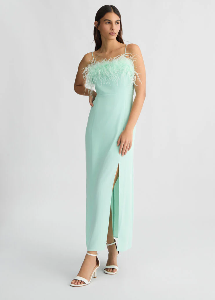 Elegant aqua green dress with feathers