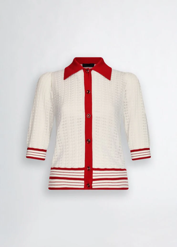 White and red knit cardigan