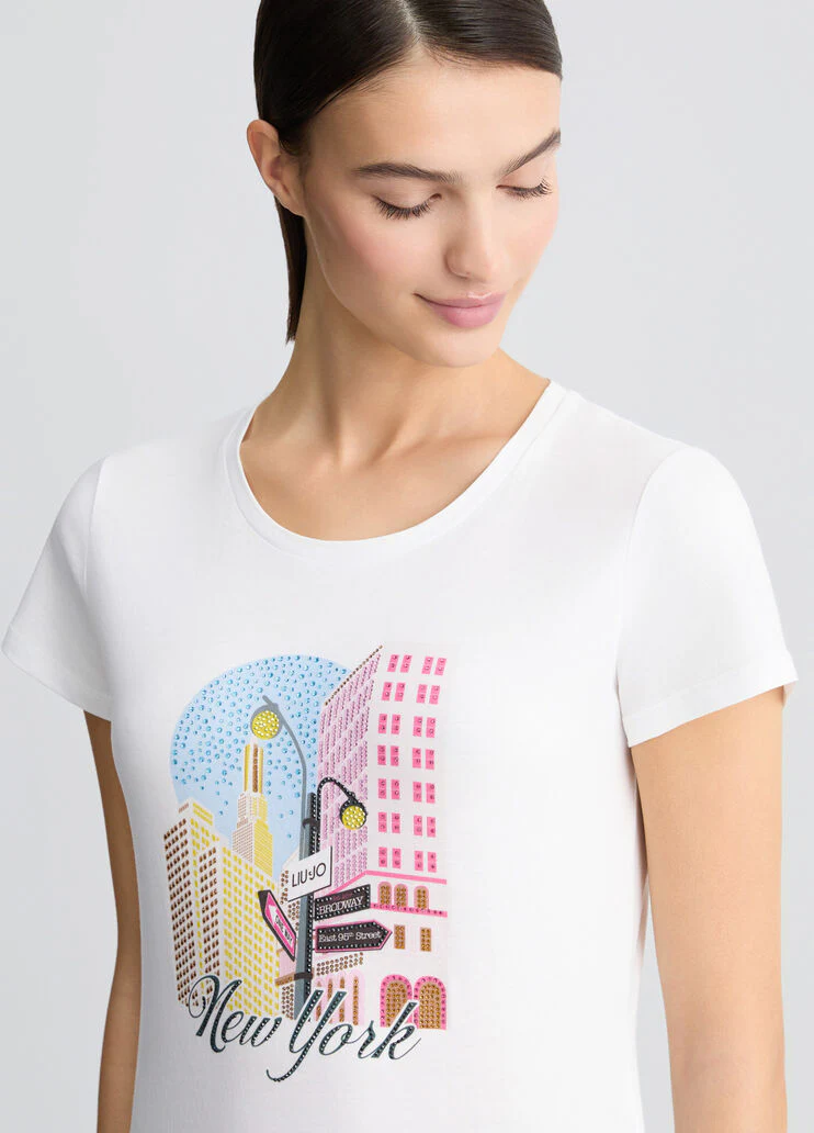 Cotton T-shirt with print and rhinestones