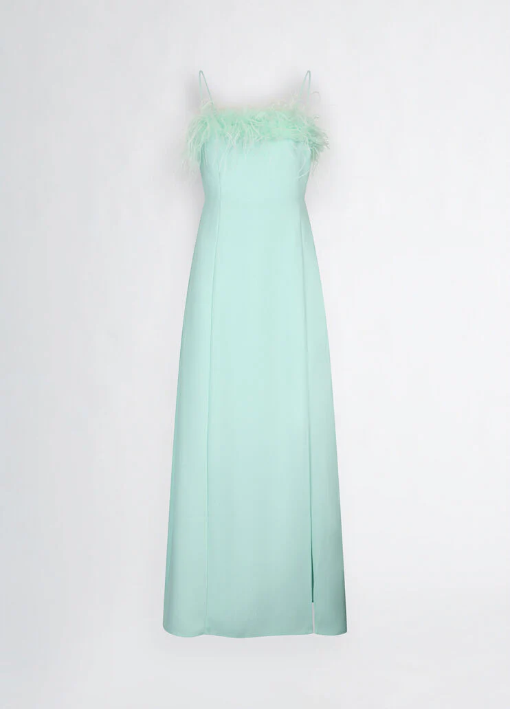 Elegant aqua green dress with feathers