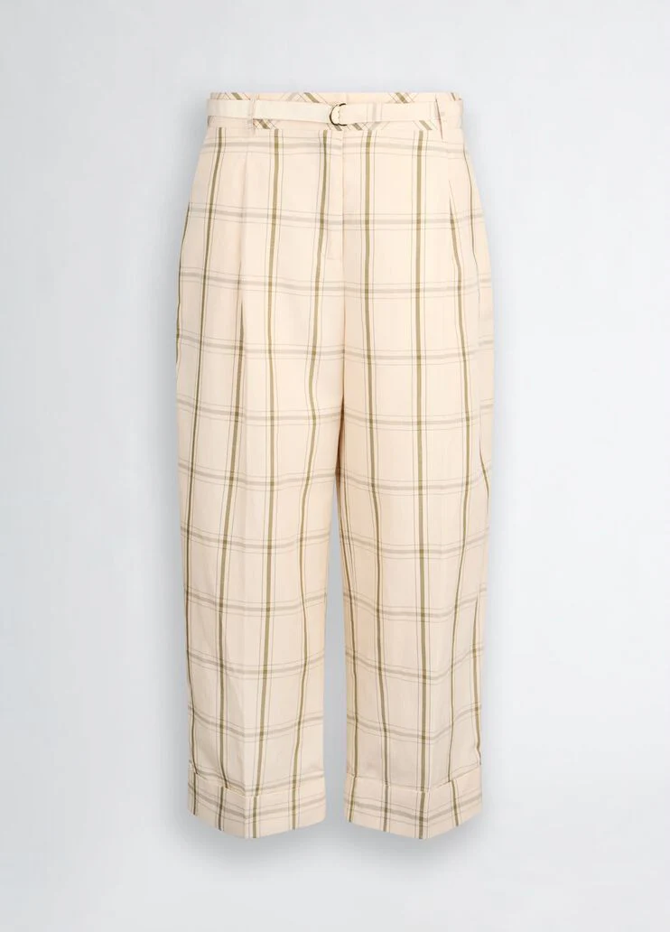 Linen-blend check trousers