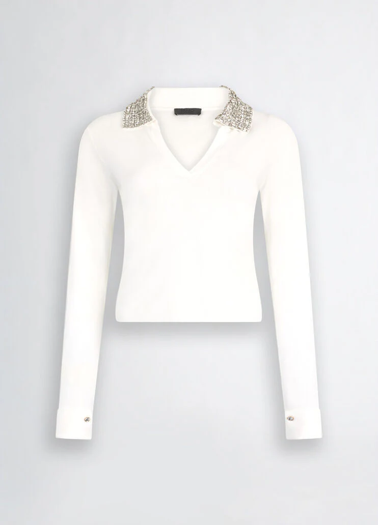 White polo shirt with bejewelled embellishment