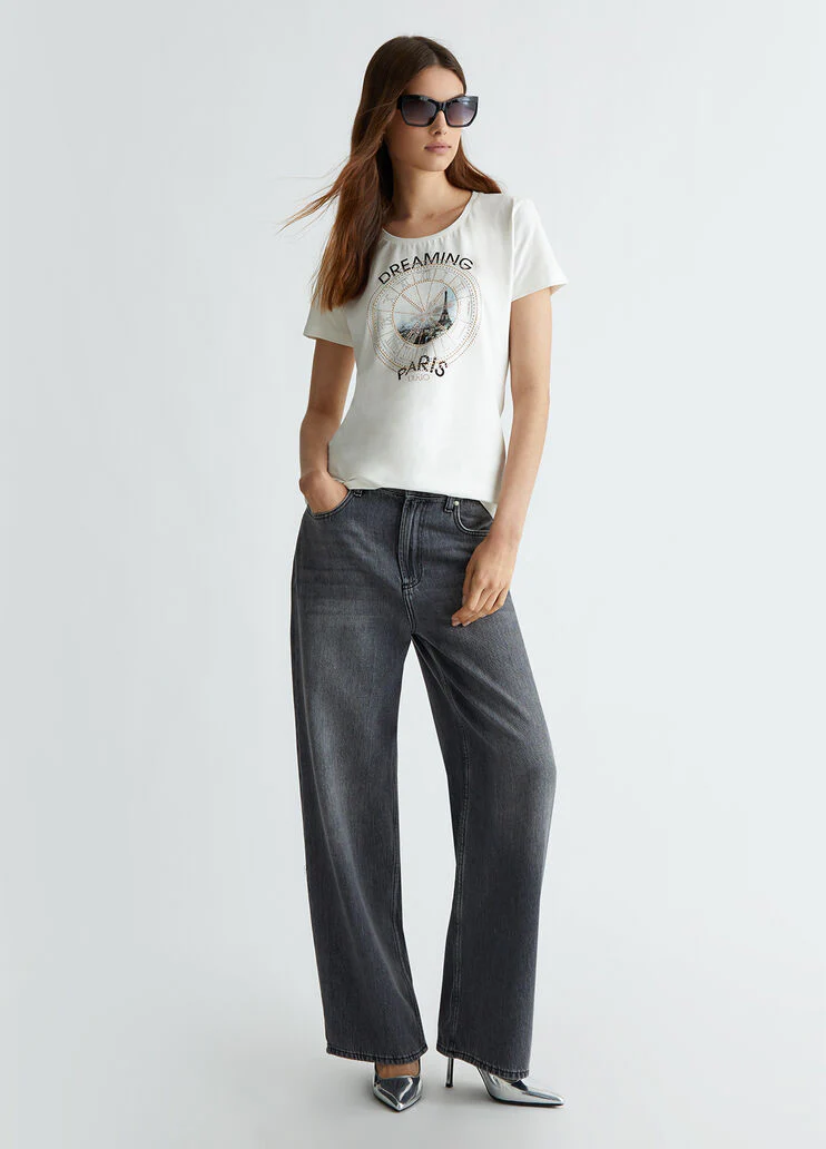 Printed T-shirt with rhinestones