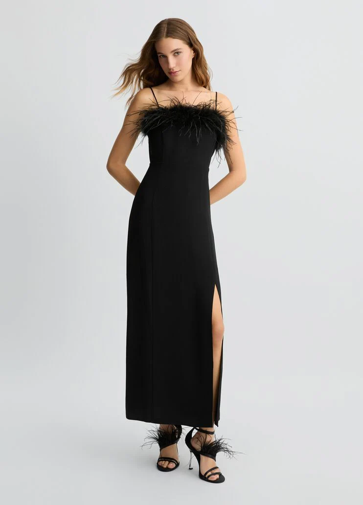 Elegant black dress with feathers
