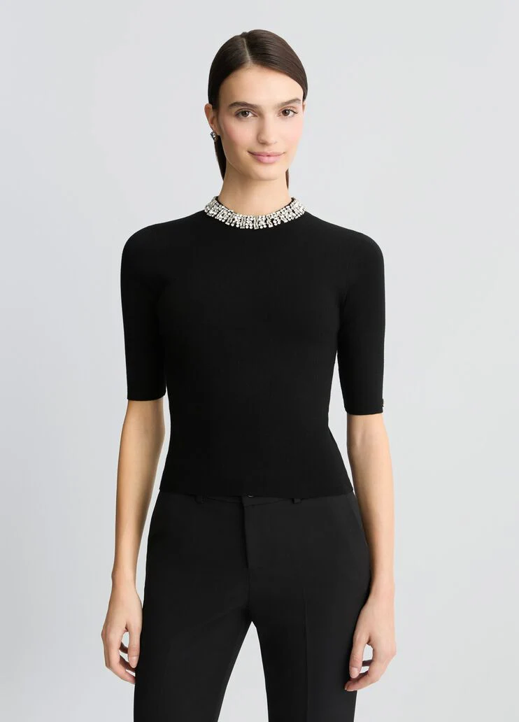 Black crop top with bejewelled embellishment