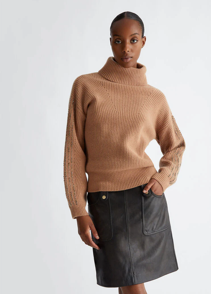Wool polo-neck with rhinestones