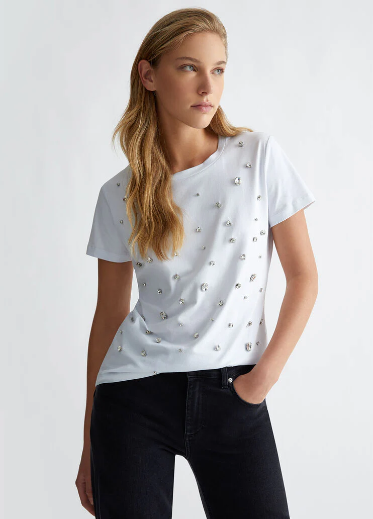 Cotton T-shirt with rhinestones