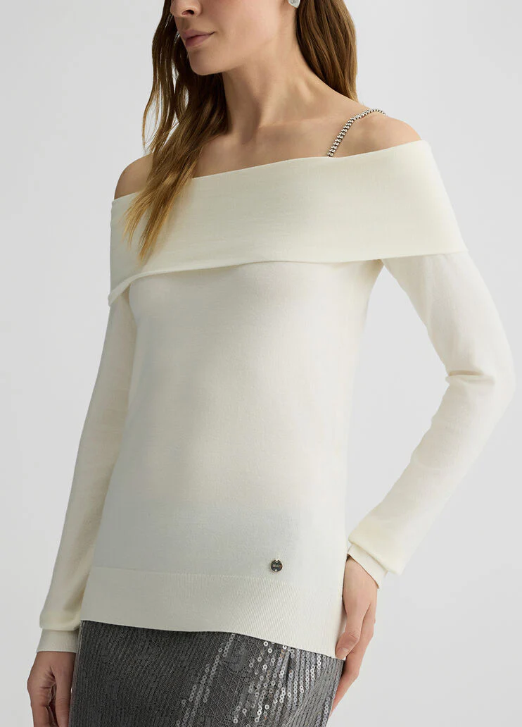 Off-the-shoulder jumper with bejewelled gemstones