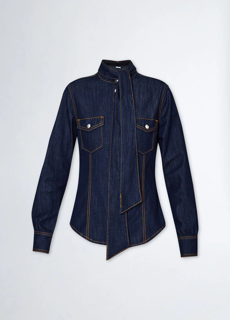 Denim pussy-bow shirt