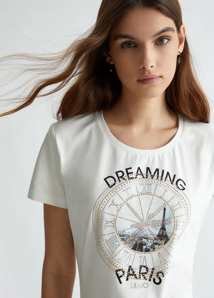 Printed T-shirt with rhinestones