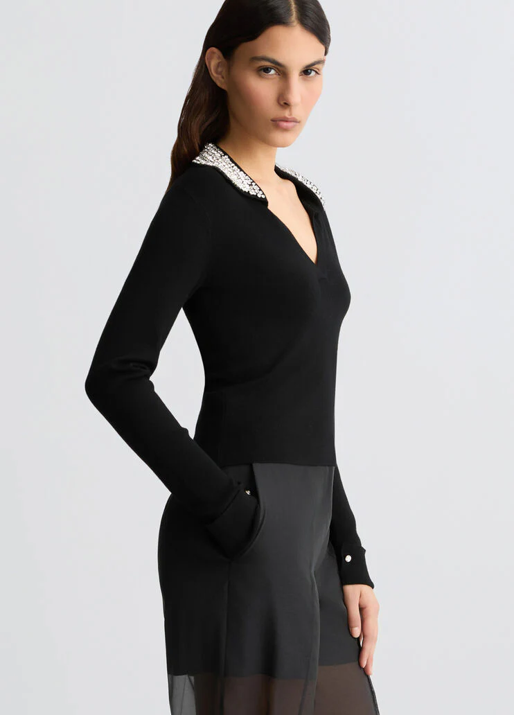 Black polo shirt with bejewelled embellishment