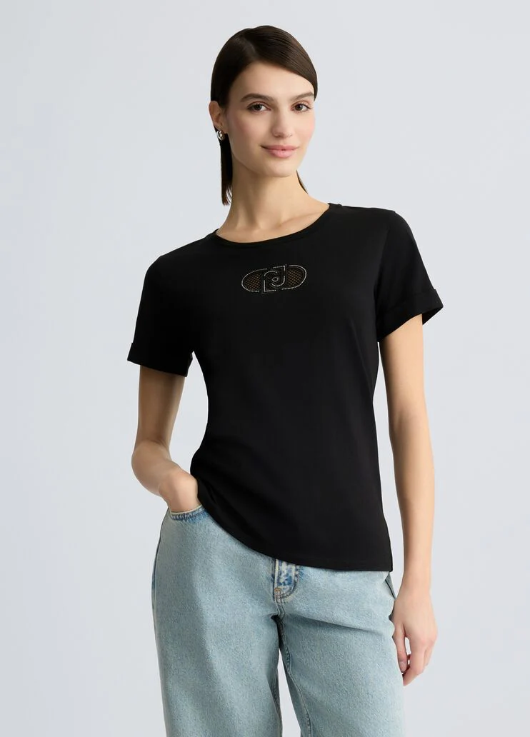 Cotton T-shirt with logo and rhinestones