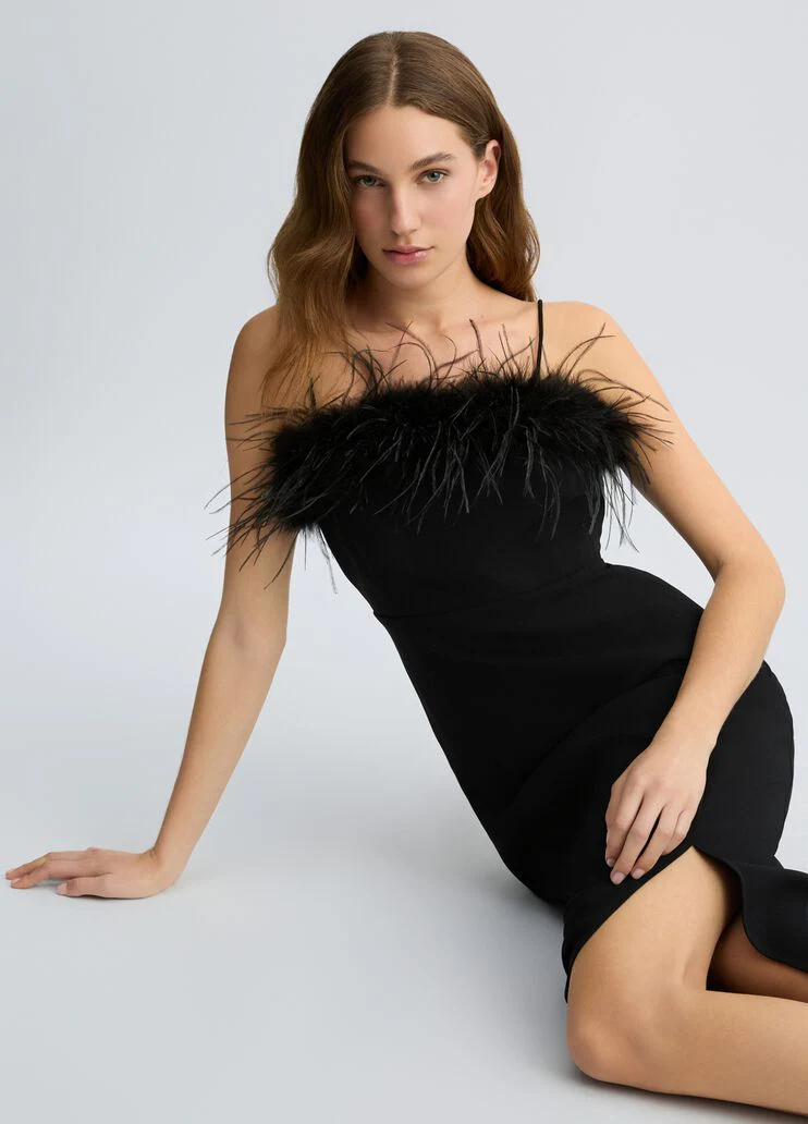 Elegant black dress with feathers