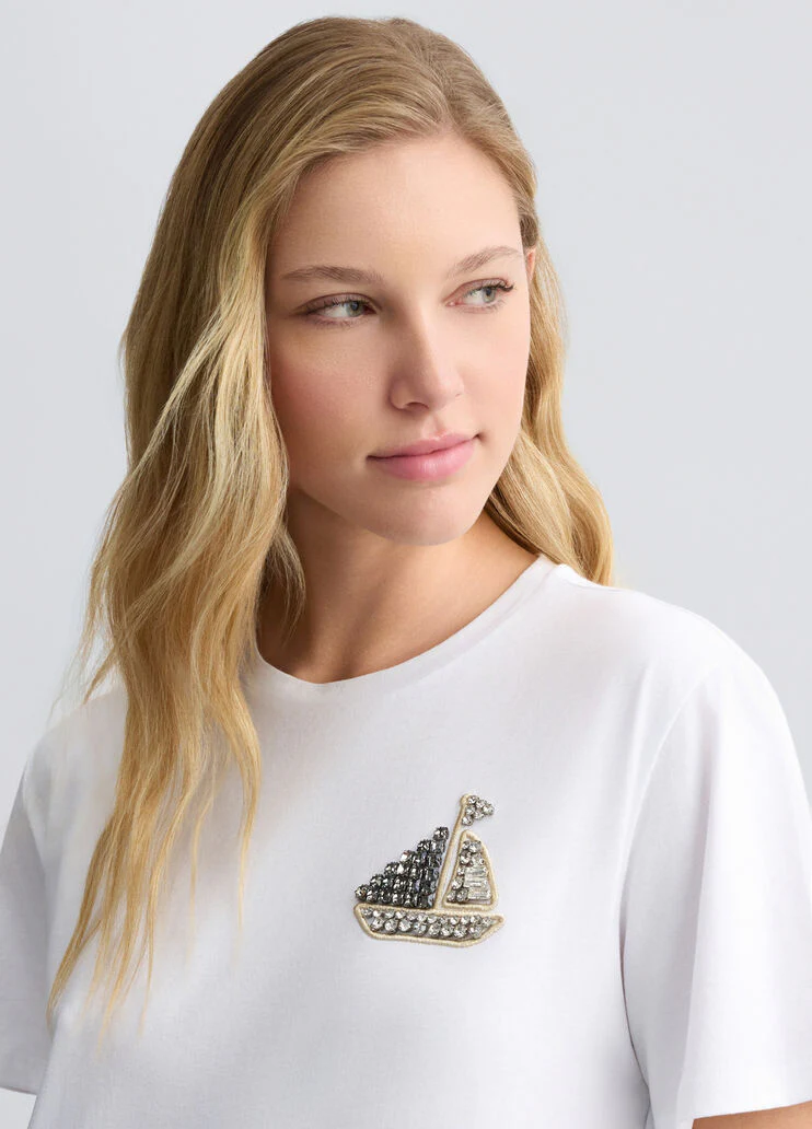 Cotton T-shirt with embroidery and rhinestones