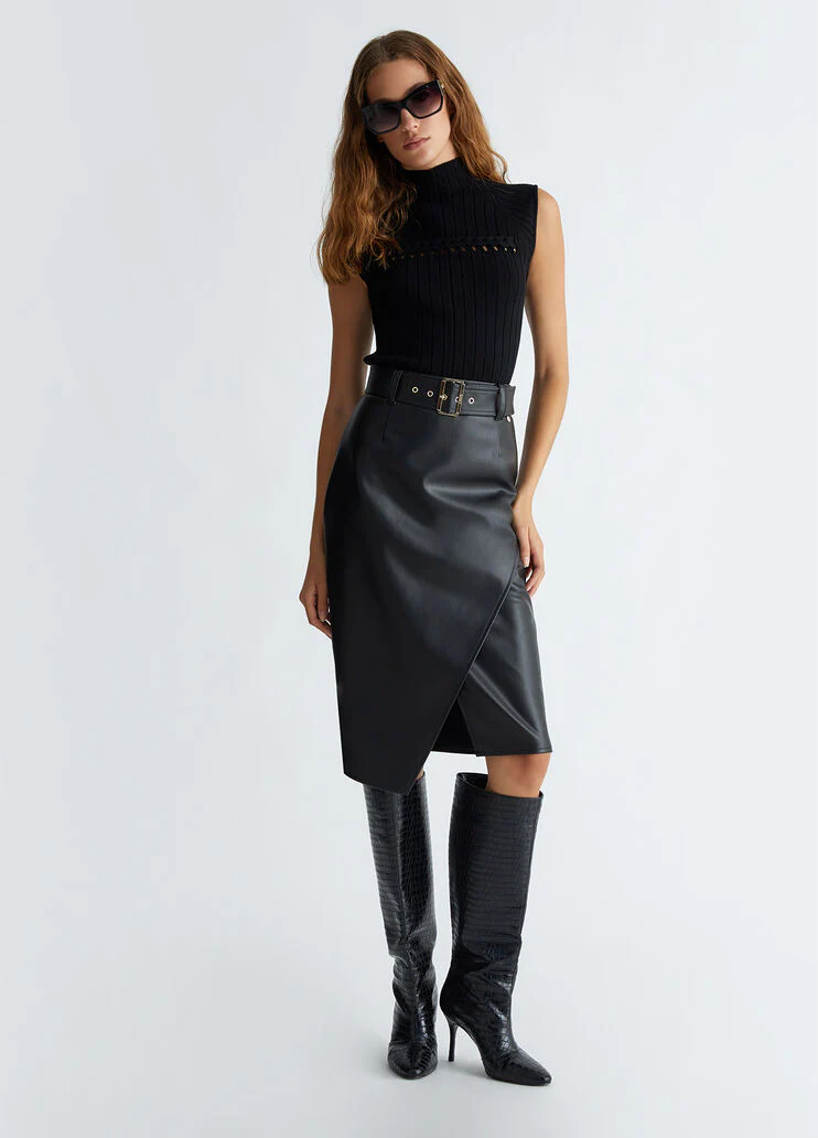Black coated fabric midi skirt