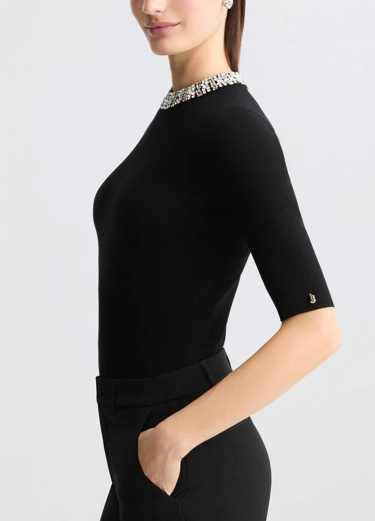 Black crop top with bejewelled embellishment