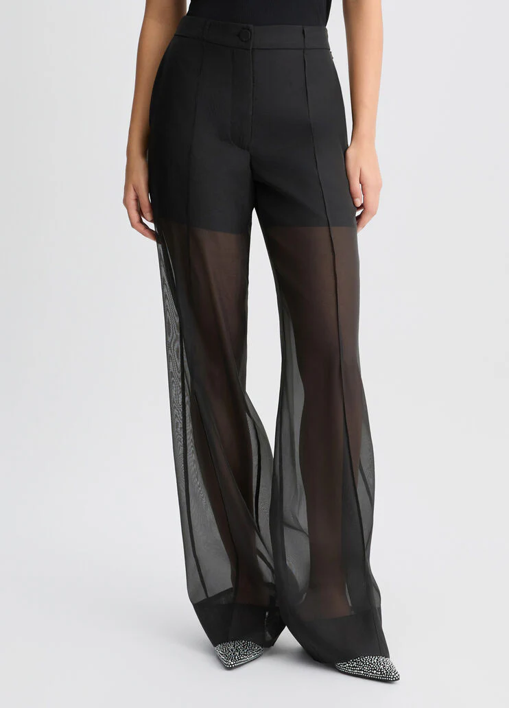 Black organza straight-leg trousers