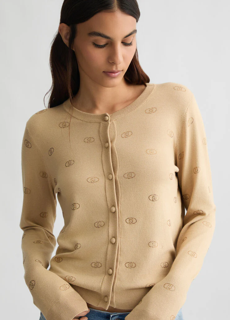 Cardigan with logo and rhinestones