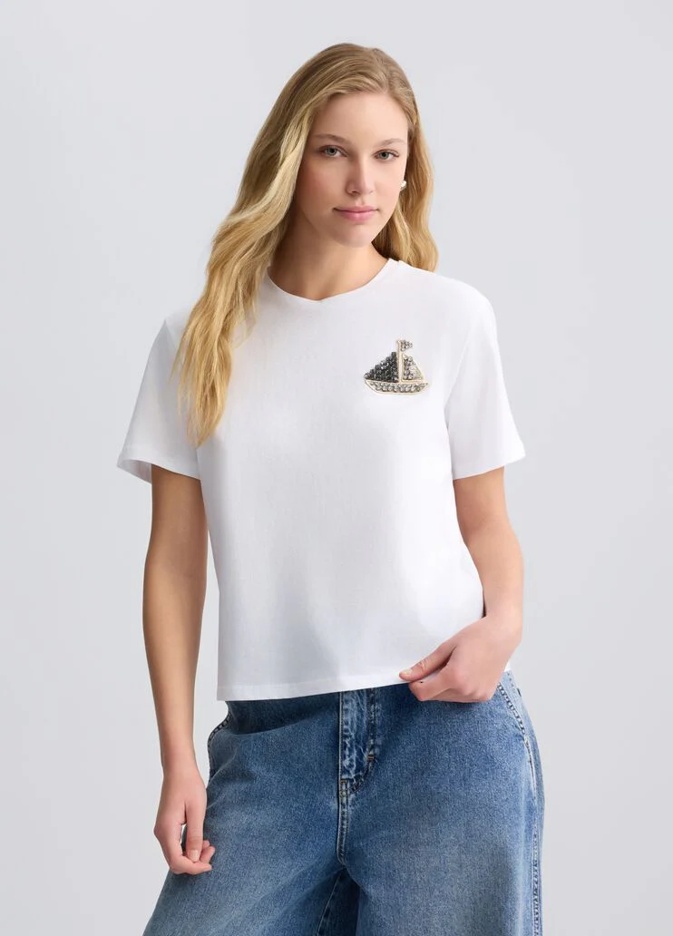 Cotton T-shirt with embroidery and rhinestones