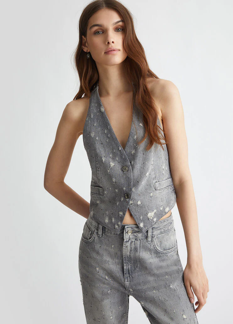Denim waistcoat with rhinestones