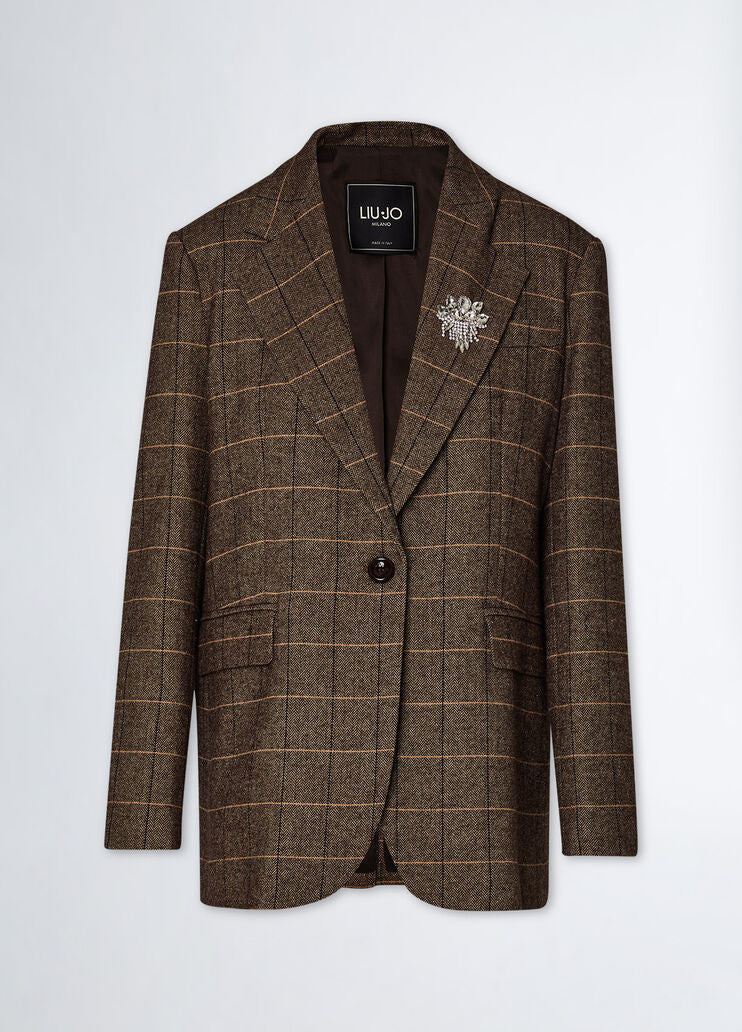 Chequered blazer with bejewelled brooch detail
