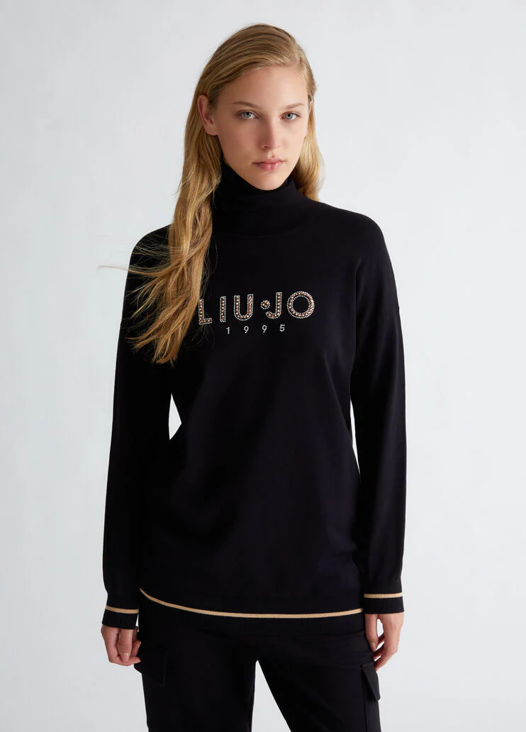 Turtleneck with logo and rhinestones