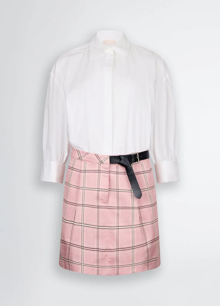 Shirt dress with chequered skirt