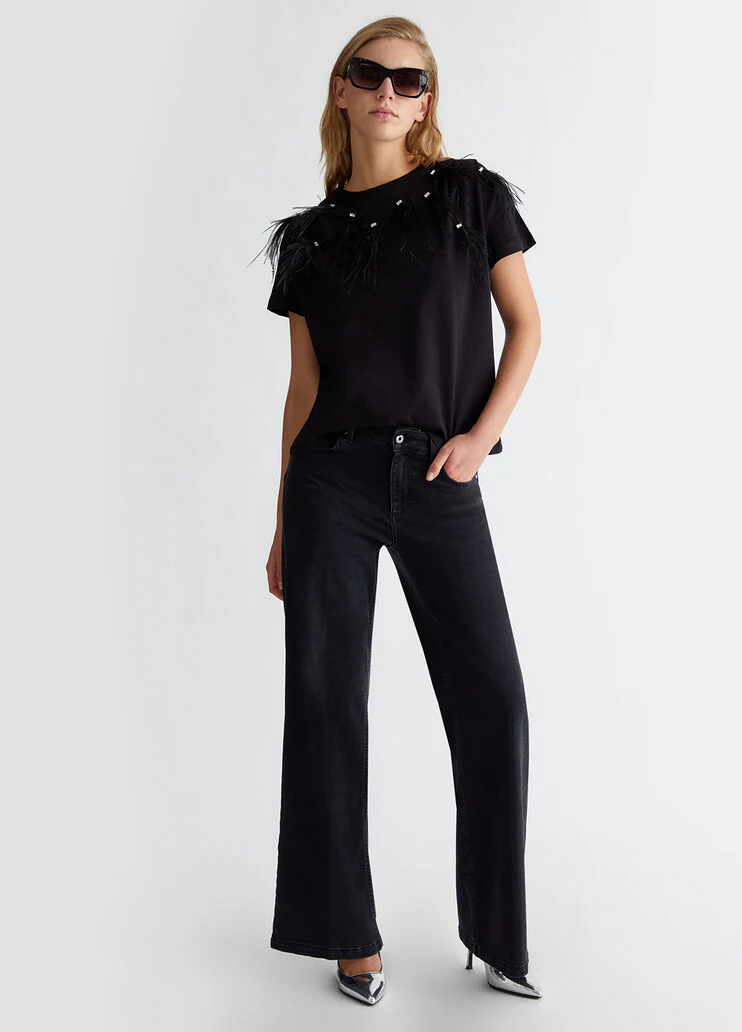 T-shirt with bejewelled feather detailing