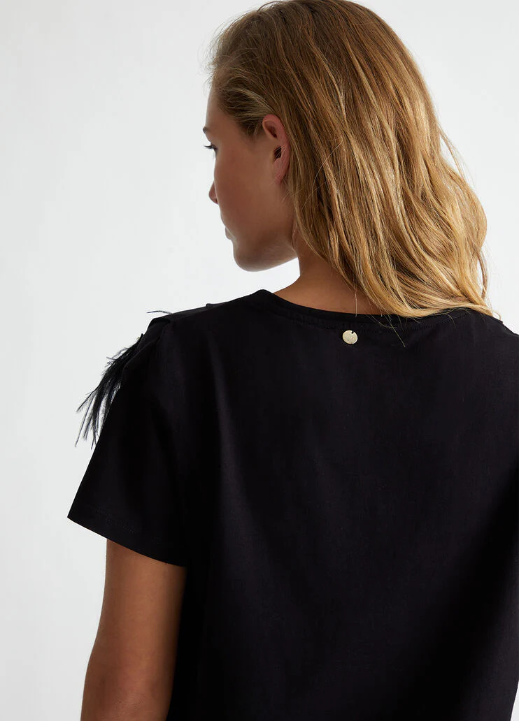 T-shirt with bejewelled feather detailing