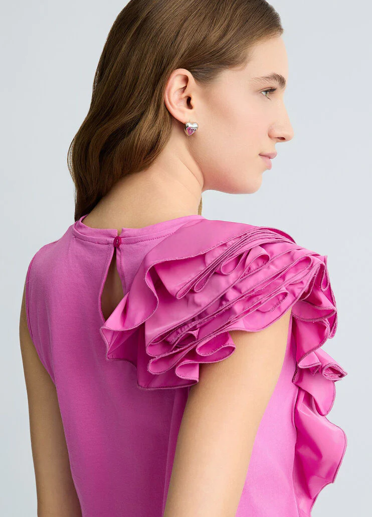 Peony pink T-shirt with flounced detailing