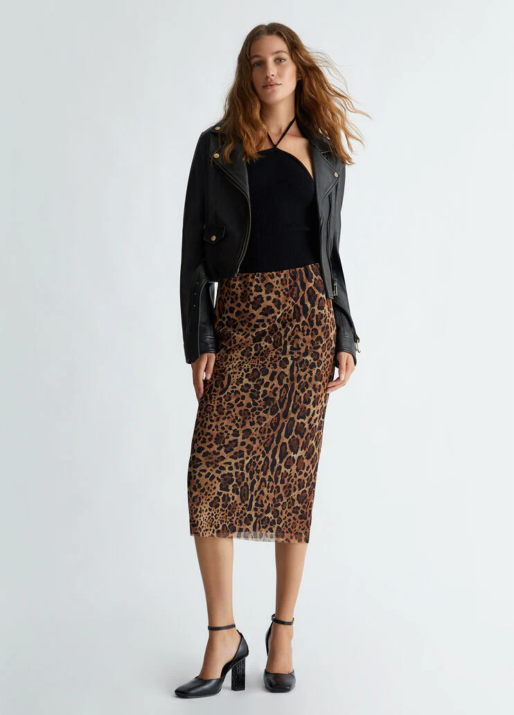 Animal-print tulle midi skirt