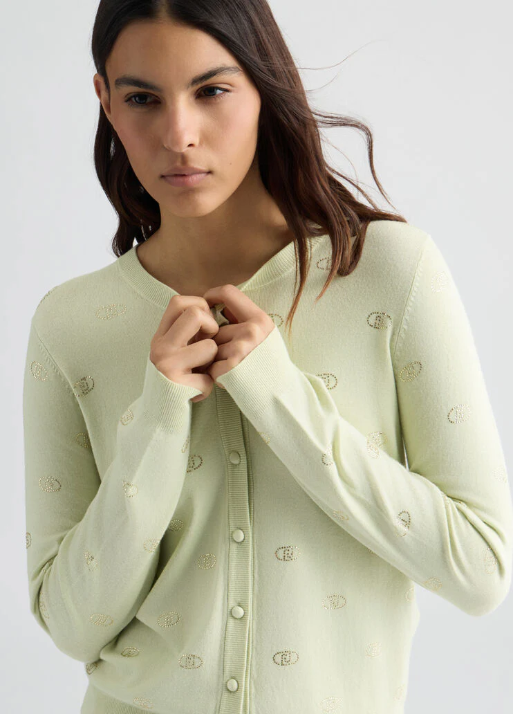 Cardigan with logo and rhinestones