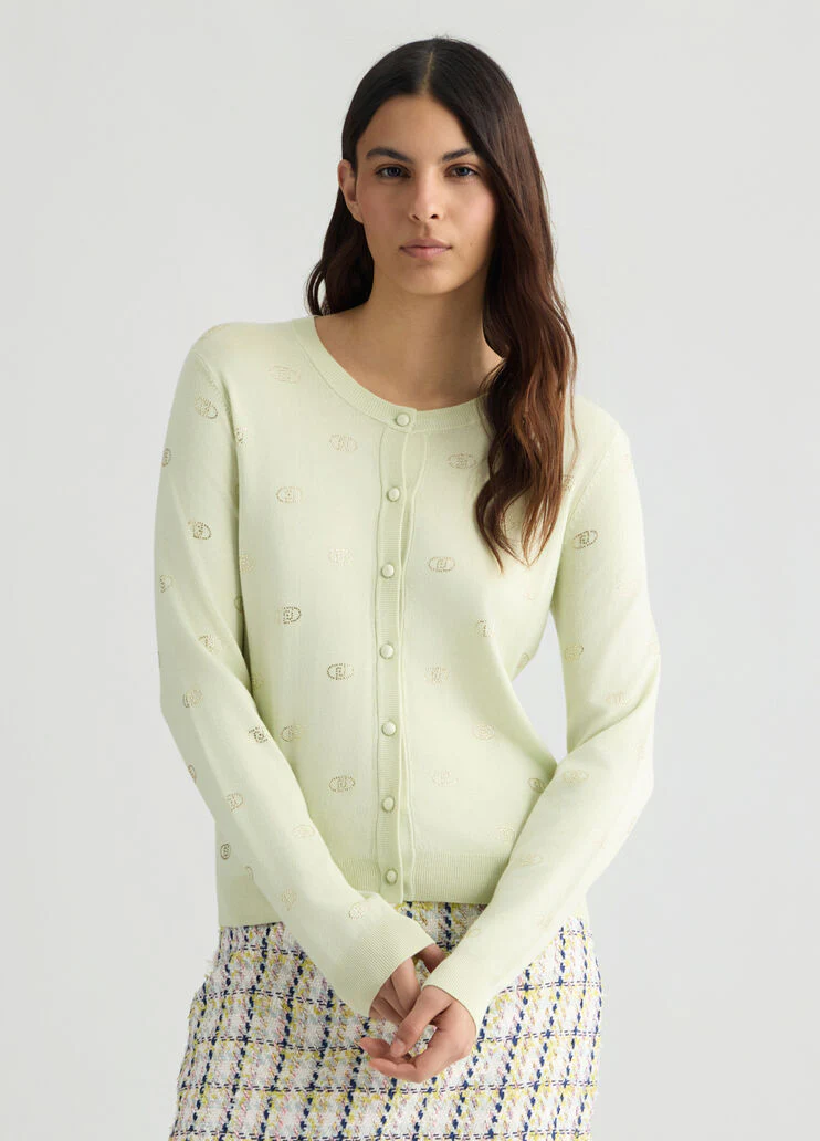 Cardigan with logo and rhinestones