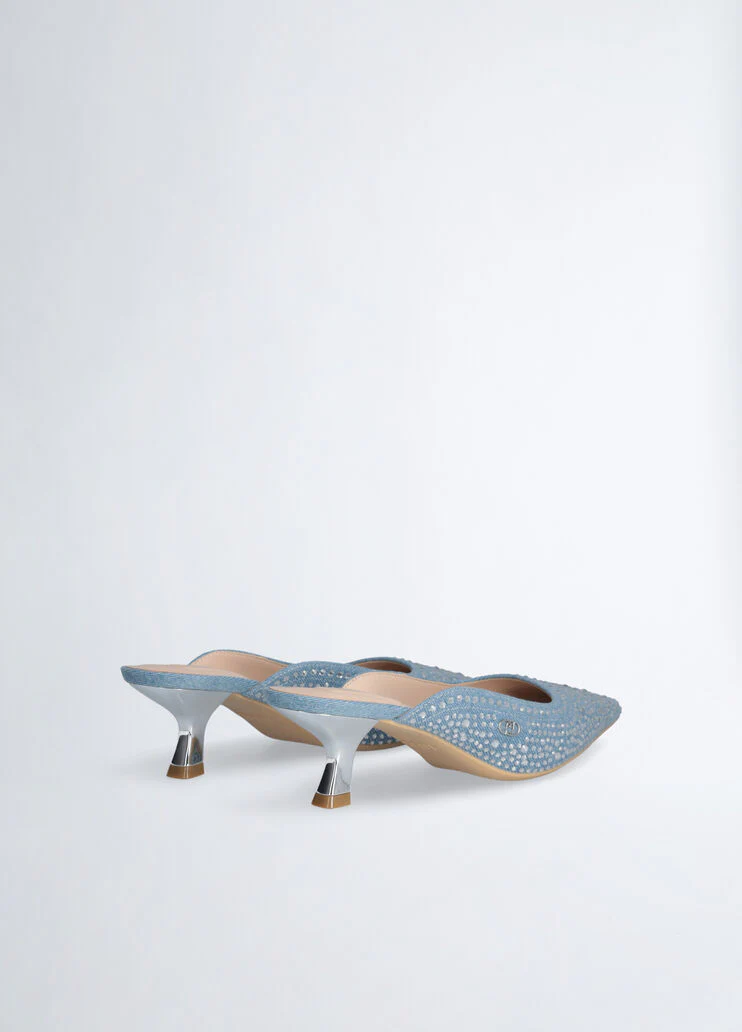 All-over rhinestone-detailed denim mules