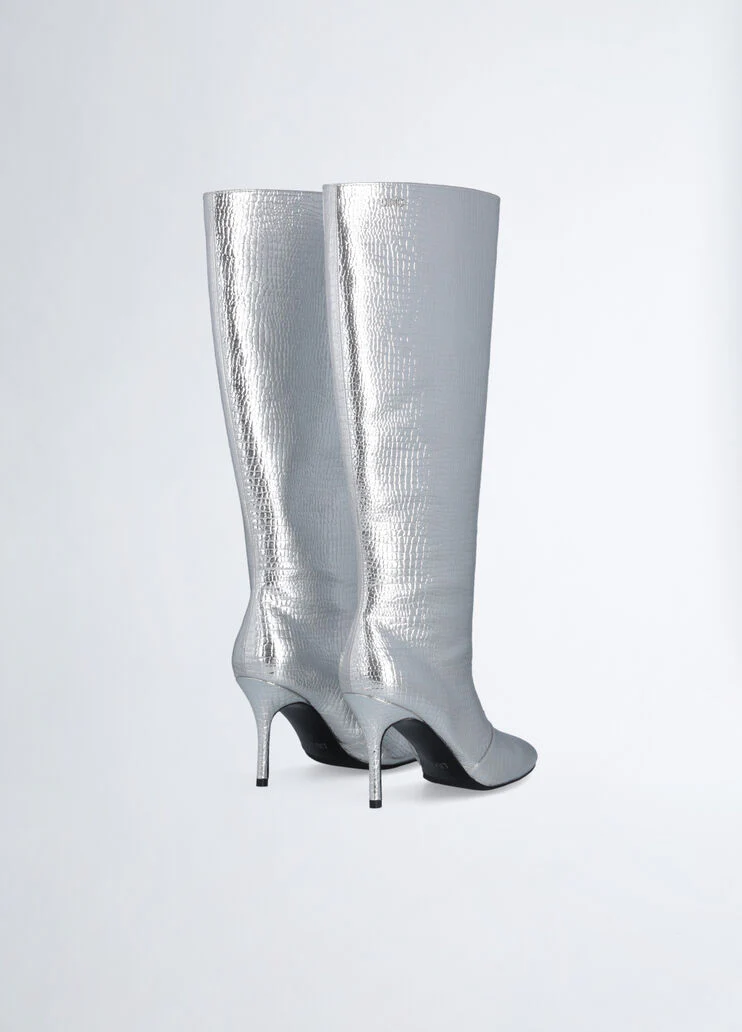 Crocodile-print knee-high boots