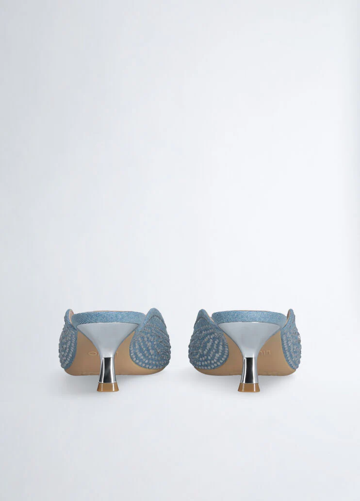 All-over rhinestone-detailed denim mules