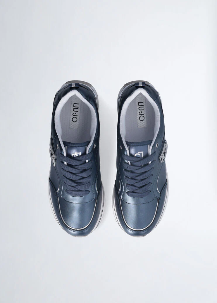 Blue metallic-effect leather platform sneakers