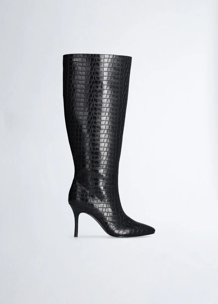 Crocodile-print knee-high boots